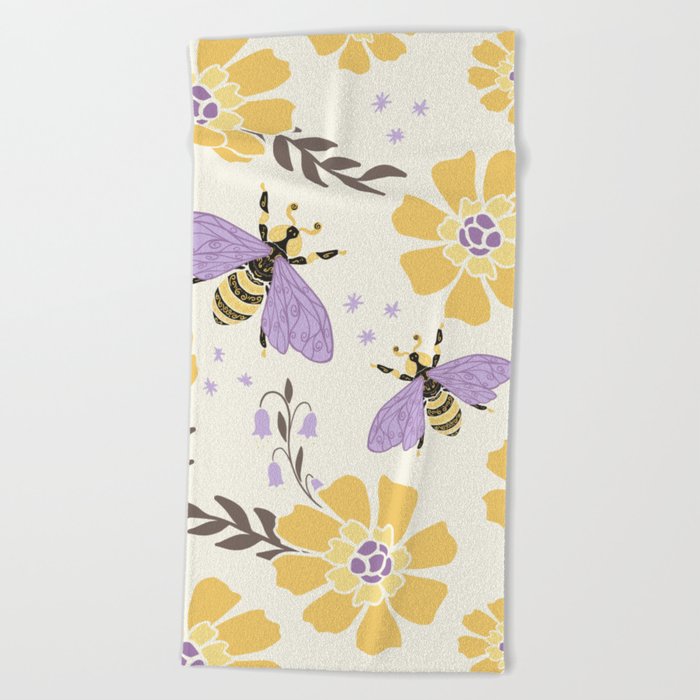 Honey Bees and Flowers - Yellow and Lavender Purple Beach Towel