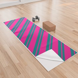 [ Thumbnail: Deep Pink & Teal Colored Lined/Striped Pattern Yoga Towel ]