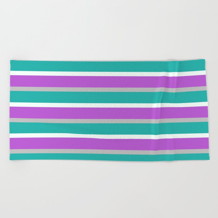 Grey, Light Sea Green, Mint Cream, and Orchid Colored Lined Pattern Beach Towel