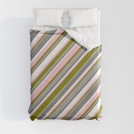 [ Thumbnail: Eye-catching Green, Dark Grey, Gray, White & Pink Colored Pattern of Stripes Duvet Cover ]