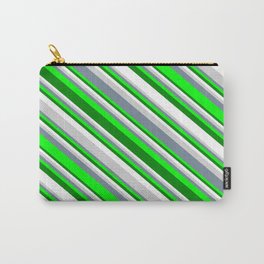 [ Thumbnail: Eyecatching Light Gray, Light Slate Gray, Lime, Green, and White Colored Striped Pattern Carry-All Pouch ]