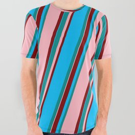 [ Thumbnail: Dark Cyan, Light Pink, Maroon & Deep Sky Blue Colored Lined Pattern All Over Graphic Tee ]
