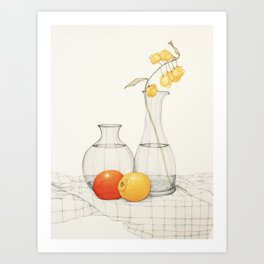 Sunlit Still Life: Color Pencil Sketch of Vases and Fruit Art Print