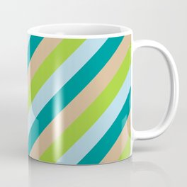 [ Thumbnail: Tan, Green, Light Blue, and Dark Cyan Colored Stripes Pattern Coffee Mug ]