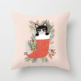 Cat on a sock. Holiday. Christmas Throw Pillow
