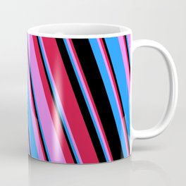 [ Thumbnail: Crimson, Violet, Blue & Black Colored Lines/Stripes Pattern Coffee Mug ]