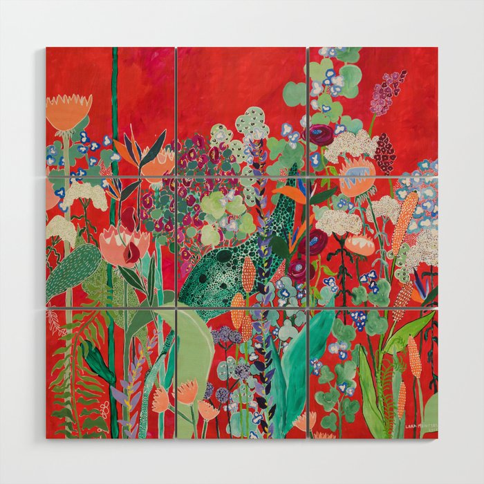 Red Floral Jungle Garden Botanical Featuring Proteas Reeds Eucalyptus Ferns And Birds Of Paradise Wood Wall Art By Larameintjes Society6