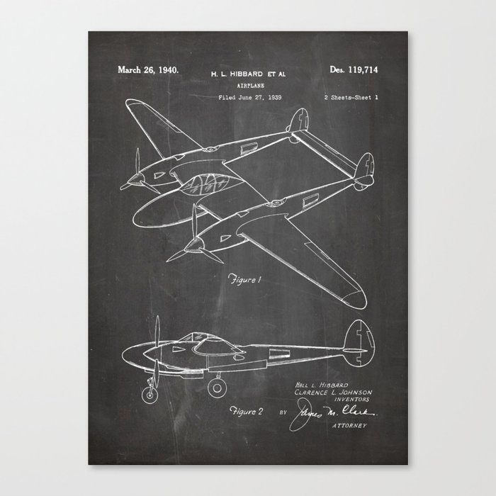 Lockheed P31 Airplane Patent Lightning Aircraft Art Black