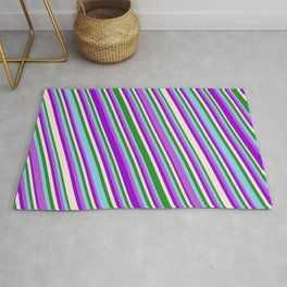 [ Thumbnail: Eye-catching Forest Green, Sky Blue, Orchid, Dark Violet, and Beige Colored Striped/Lined Pattern Rug ]