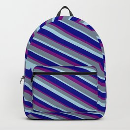 [ Thumbnail: Light Slate Gray, Light Blue, Dark Blue, and Purple Colored Lines/Stripes Pattern Backpack ]