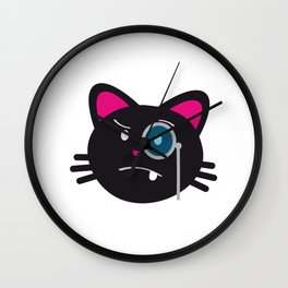 One Tooth Black Cat Kitten Face with Monocle Wall Clock