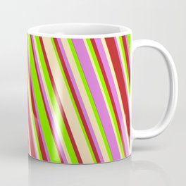 [ Thumbnail: Green, Beige, Orchid, and Red Colored Lined Pattern Coffee Mug ]