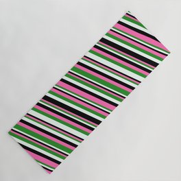 [ Thumbnail: Hot Pink, Forest Green, Mint Cream & Black Colored Stripes Pattern Yoga Mat ]