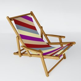 [ Thumbnail: Vibrant Pale Goldenrod, Purple, Tan, Dark Red & Light Slate Gray Colored Striped Pattern Sling Chair ]