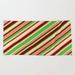 [ Thumbnail: Salmon, Maroon, Lime Green & Tan Colored Lines Pattern Beach Towel ]
