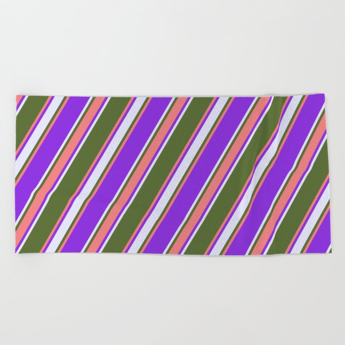 Dark Olive Green, Light Coral, Purple & Lavender Colored Stripes/Lines Pattern Beach Towel