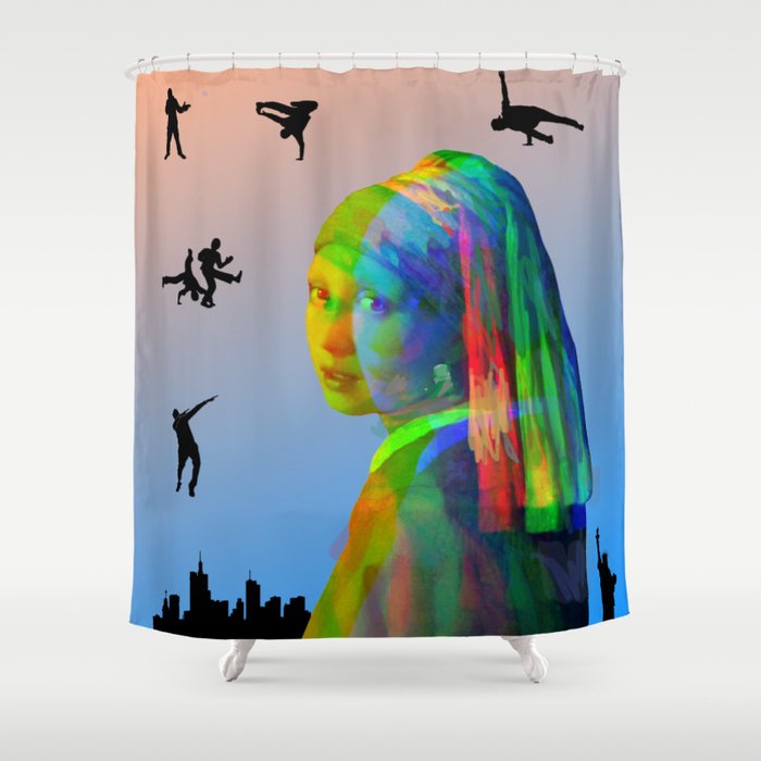 Vermeer's Model in New York City in Orange and Blue Background Shower Curtain