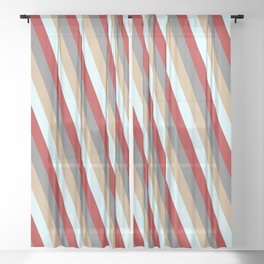 [ Thumbnail: Gray, Tan, Light Cyan & Red Colored Stripes/Lines Pattern Sheer Curtain ]