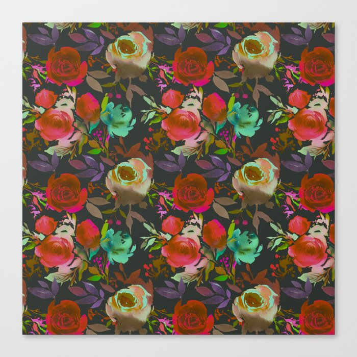 Watercolor Gray Pink Red Purple Mint Green Botanical Flowers Canvas Print