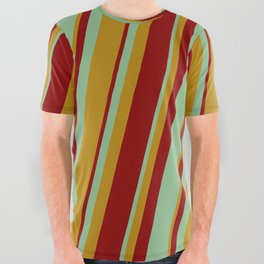 [ Thumbnail: Dark Goldenrod, Dark Red & Dark Sea Green Colored Lined/Striped Pattern All Over Graphic Tee ]