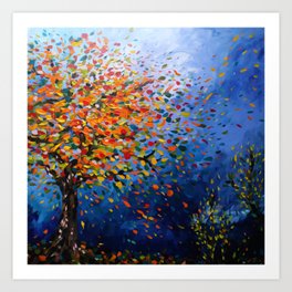 Fall Trees with Leaves Blowing in the Wind by annmariescreations Art Print