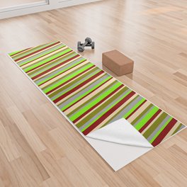 [ Thumbnail: Eye-catching Dark Grey, Green, Beige, Dark Red, and Chartreuse Colored Lined/Striped Pattern Yoga Towel ]