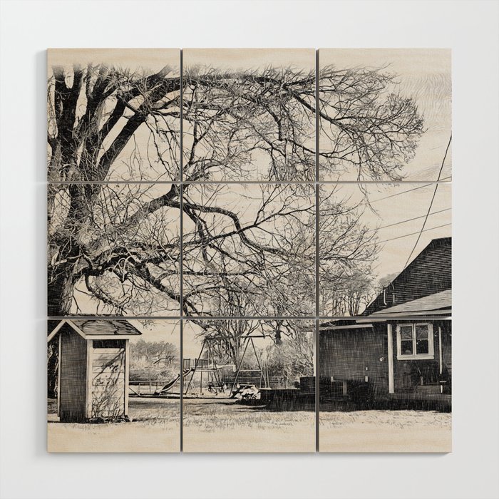 Home illustration black and white Wood Wall Art