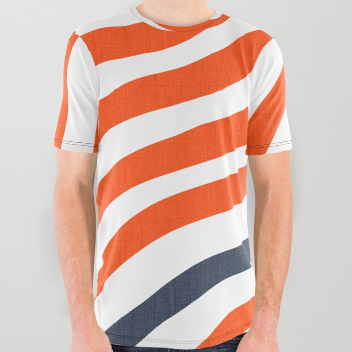 Red White and Blue Stripe Wave  All Over Graphic Tee