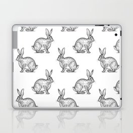 Hare or rabbit. Seamless pattern with forest animals. Hand drawing of wildlife. Vintage illustration art. Black and white. Old engraving. Vintage.  Laptop Skin