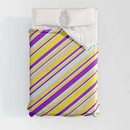 [ Thumbnail: Tan, Yellow, Dark Violet & Light Cyan Colored Striped Pattern Duvet Cover ]