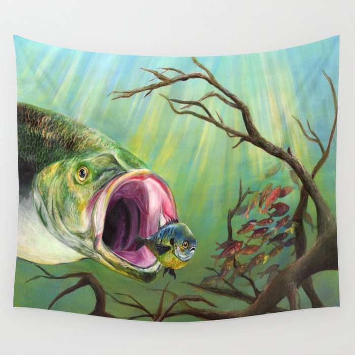 Large Mouth Bass and Clueless Blue Gill Fish Wall Tapestry by Sonya Allen