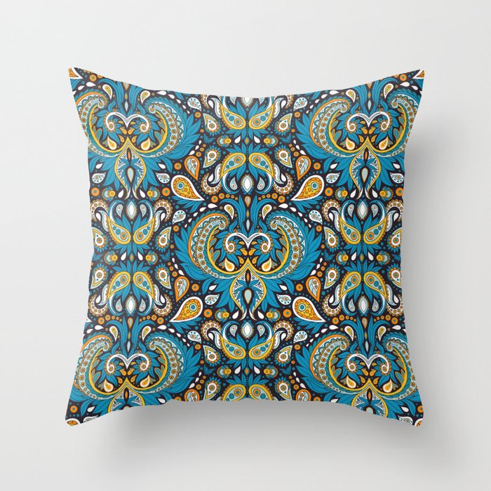 Blue, Orange, Yellow & White Paisley Pattern Throw Pillow