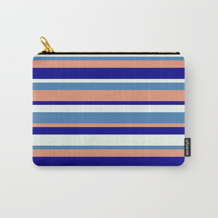 Blue, Dark Salmon, Dark Blue & Mint Cream Colored Stripes Pattern Carry-All Pouch