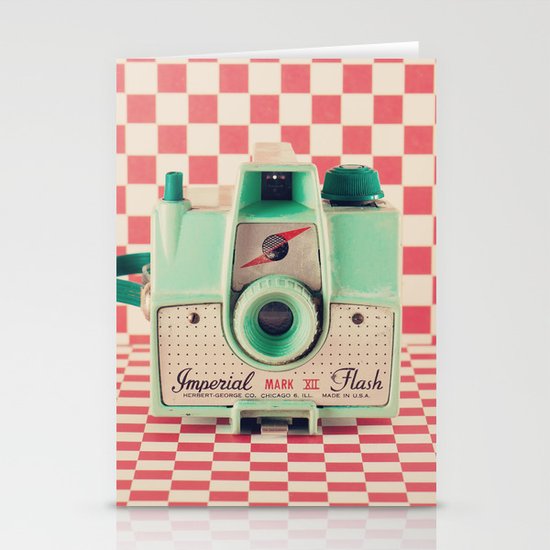 Mint Retro Camera on Red Chequered Background Stationery Cards