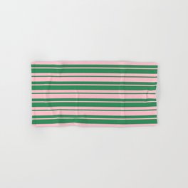 [ Thumbnail: Sea Green & Pink Colored Lined Pattern Hand & Bath Towel ]