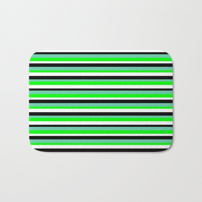 Aquamarine, Lime, White, and Black Colored Lined/Striped Pattern Bath Mat