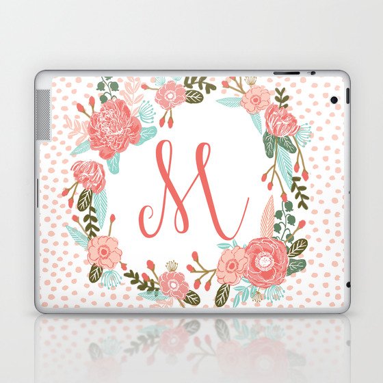 Monogram M - cute girls coral florals flower wreath, coral florals, baby girl, baby blanket Laptop & iPad Skin