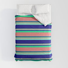 [ Thumbnail: Aquamarine, Dark Blue, Green & Light Coral Colored Stripes Pattern Comforter ]
