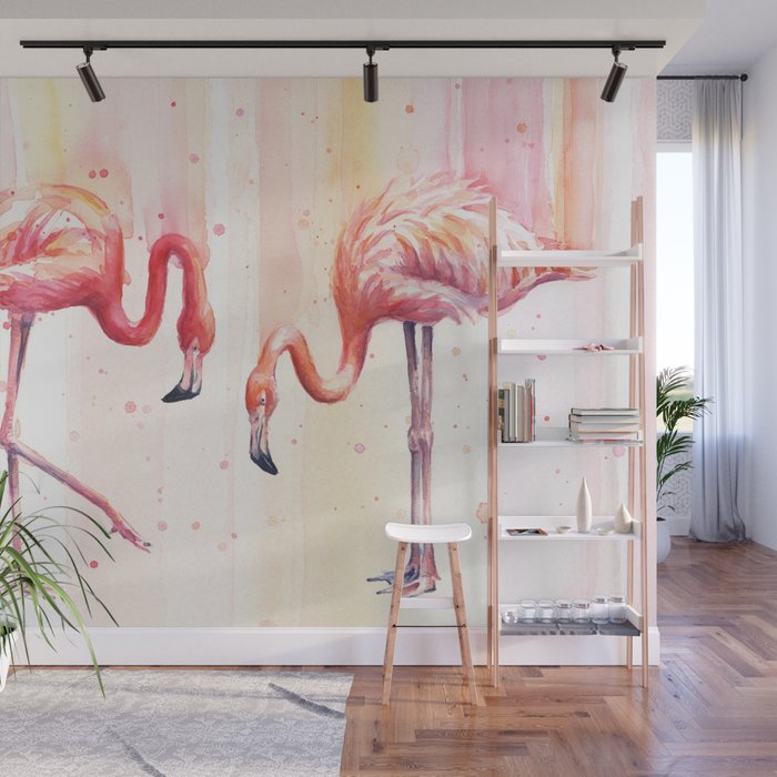 Two Flamingos Watercolor Tropical Birds Animals Wall Mural