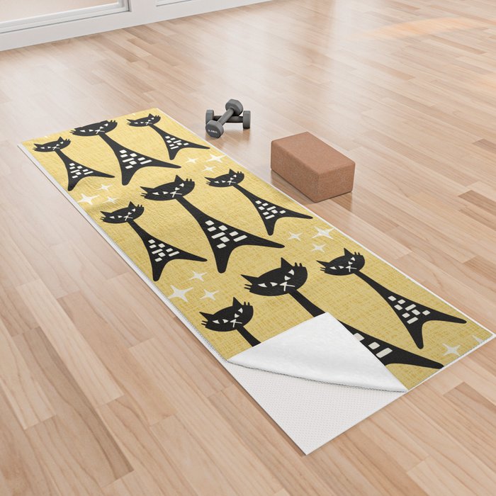 Retro Mid Century Modern Cat Pattern 731 Yellow Yoga Towel