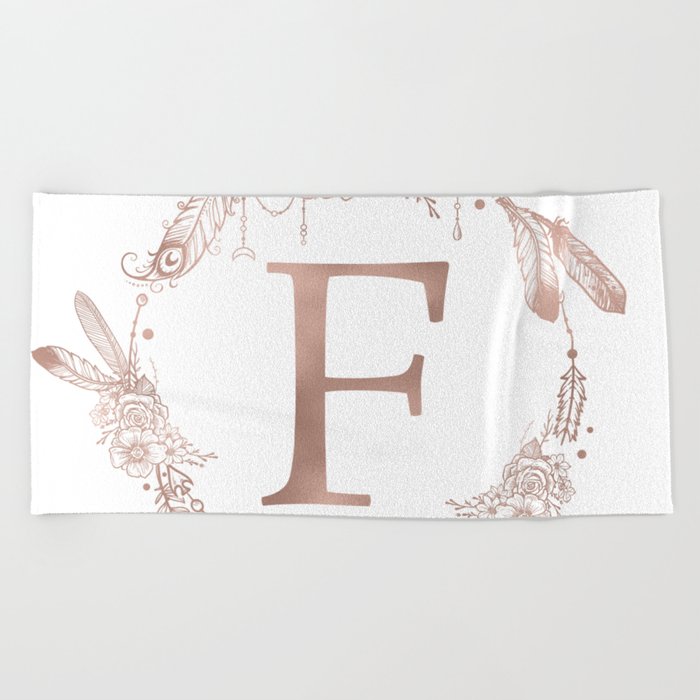 Letter F Rose Gold Pink Initial Monogram Beach Towel by Nature