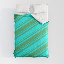 [ Thumbnail: Sea Green and Aqua Colored Lined Pattern Comforter ]