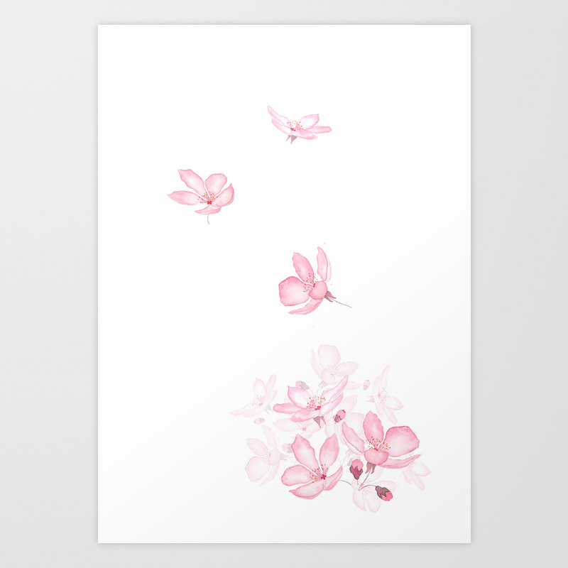 Falling Pink Cherry Blossom Flower Watercolor 2019 Art Print By