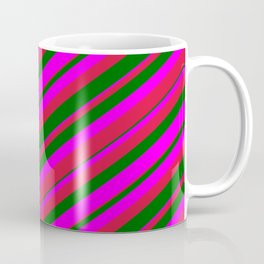 [ Thumbnail: Crimson, Dark Green & Fuchsia Colored Striped Pattern Coffee Mug ]