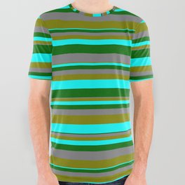 [ Thumbnail: Grey, Green, Aqua & Dark Green Colored Stripes/Lines Pattern All Over Graphic Tee ]