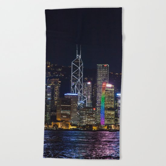 Hong Kong Night Skyline Beach Towel