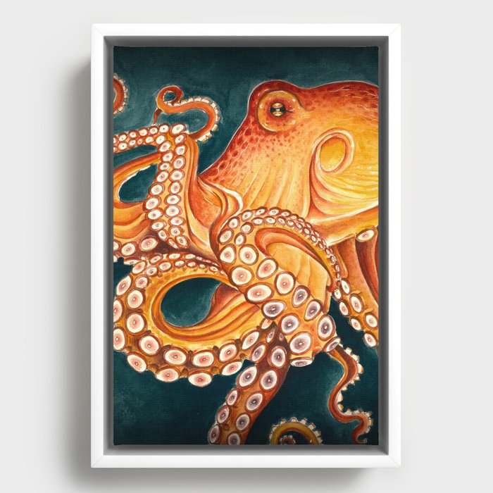 Orange Yellow Octopus in Dark Teal Ocean Watercolor Framed Canvas