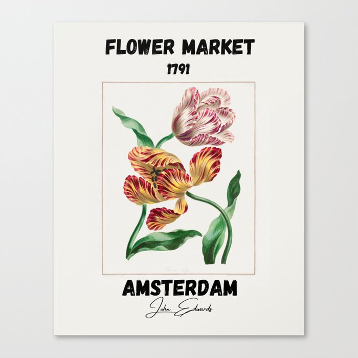 Vintage Pink And Yellow Tulip Flower Market Amsterdam ,Floral Abstract Canvas Print