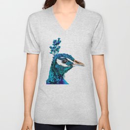 Proud Peacock Bird Art In Blue And Teal V Neck T Shirt