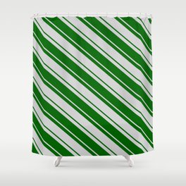 [ Thumbnail: Dark Green & Light Grey Colored Lines Pattern Shower Curtain ]
